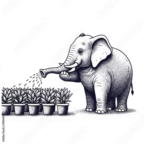 Elephant watering plants with its trunk illustration.