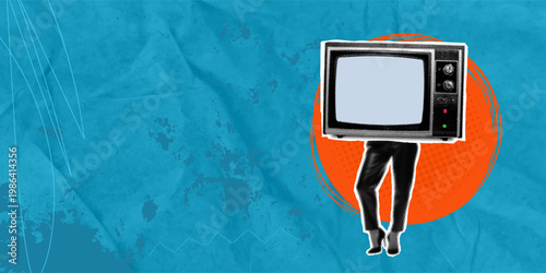 Conceptual art featuring a woman in elegant trousers and heels with a retro television instead of a head. Surreal pop art illustration on a textured background symbolizing media influence and fashion.