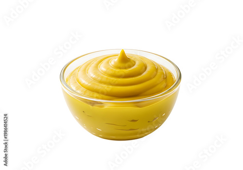 Bowl of yellow mustard sauce with a swirl pattern condiment dressing seasoning appetizer