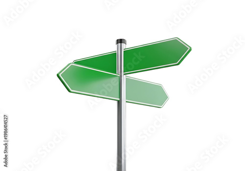 Two blank green directional road signs on a pole with information board directional wayfinding