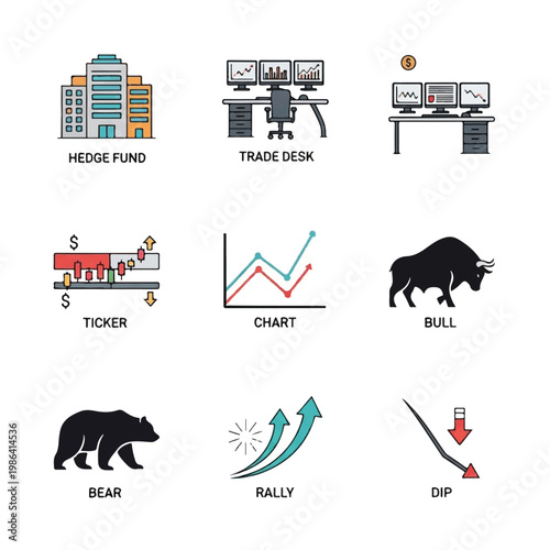 Financial Market Icons Including Bull Bear Chart and Trade Desk.