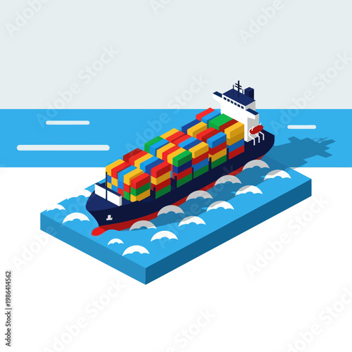 Isometric Container Ship Illustration with Colorful Cargo.