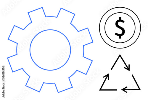 Economy, sustainability, manufacturing, eco-efficiency, financial systems, workflow design. Gear outline, dollar sign and recycling triangle interconnected. Economy and sustainability concept