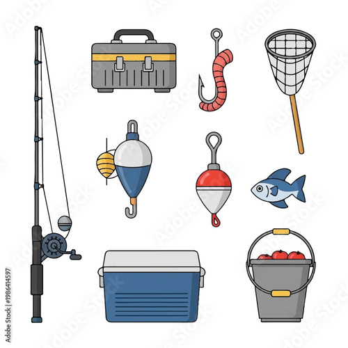 Fishing gear collection with rod reel tackle box bait bucket.