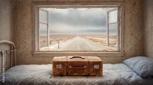 Weatherbeaten Satchel on Iron Bed Overlooking a Deserted Road