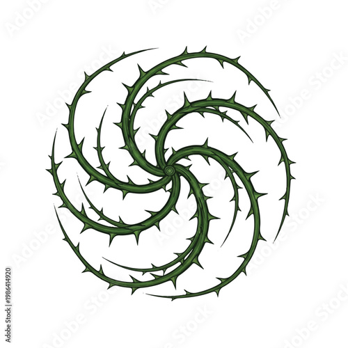 Green thorny vine spiral abstract graphic design.