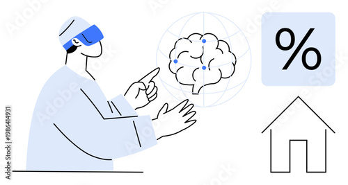 Artificial intelligence, virtual reality, finance, neuroscience, technology, real estate. A person with VR glasses points to a brain hologram. AI and VR concepts showing immersive interaction