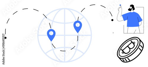 Cryptocurrency, global payments, blockchain technology, online transactions, remote communication, financial technology. Globe with location pins, person and a digital coin. Cryptocurrency