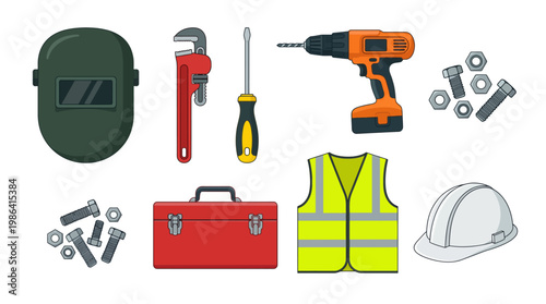 A collection of essential construction and DIY tools including a welding mask, wrench, drill, toolbox, and safety gear like a hard hat and high-visibility vest.