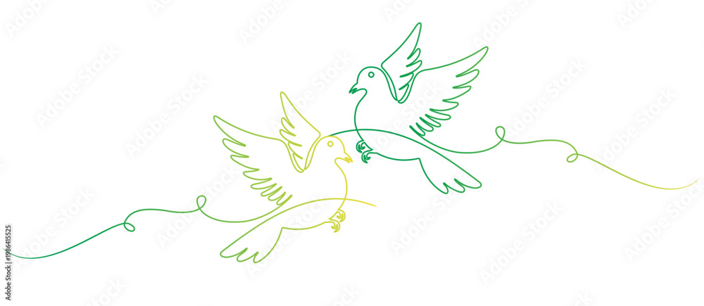 Fototapeta premium Green yellow line vector illustration of dove image, peace day design element.