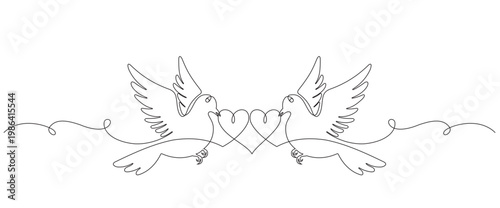 Continuous single line art image of a dove with a heart. A linear symbol of hope for peace. Editable line vector illustration, isolated on white.