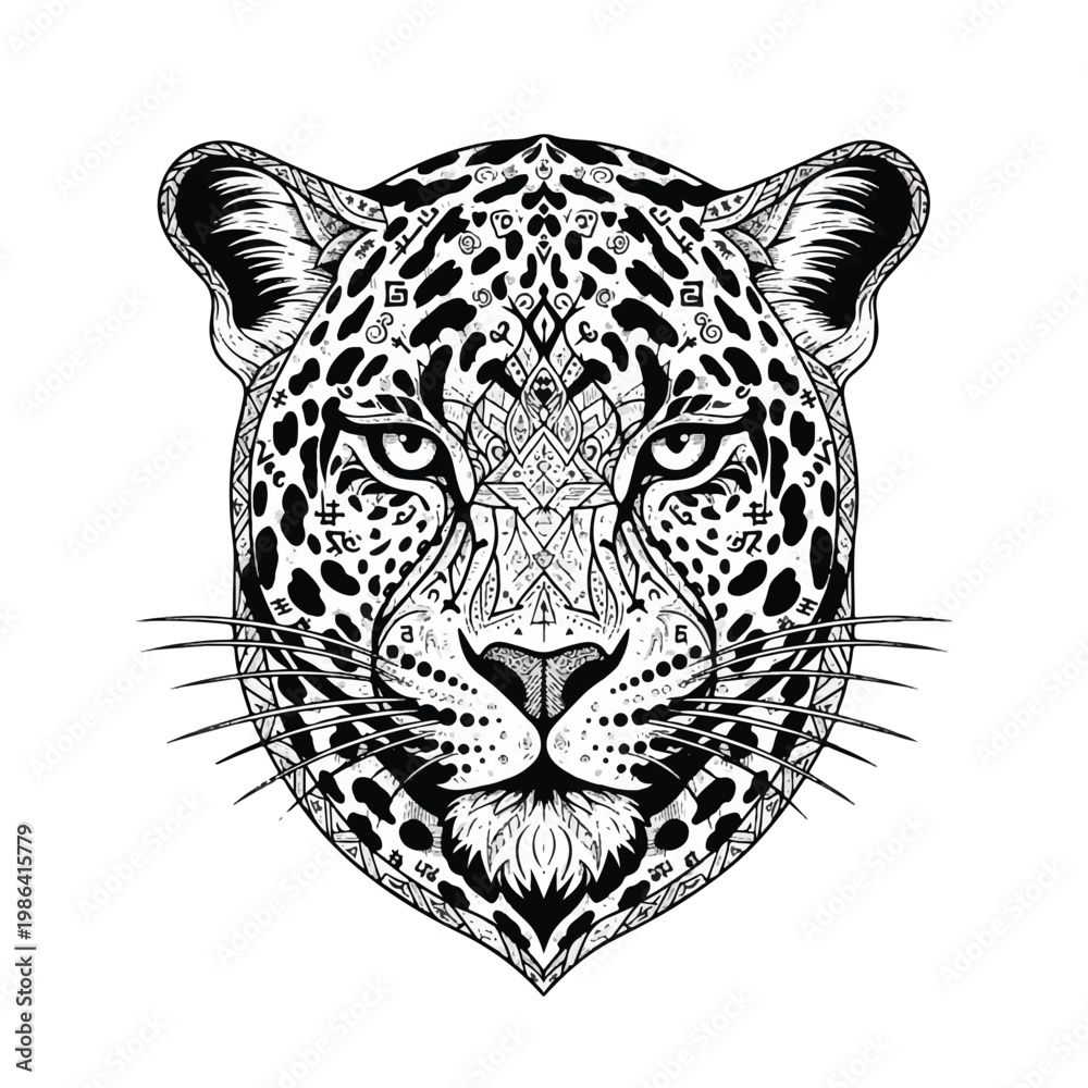 Fototapeta premium Intricate Tattoo Style Jaguar Head with Geometric Patterns.
