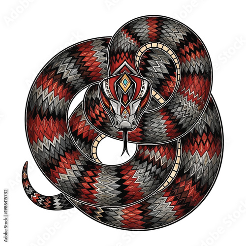 Intricate Rattlesnake Illustration with Tribal Patterns.