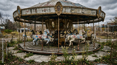 An abandoned and decaying carousel with faded horses and overgrown vegetation under a cloudy sky, evoking a sense of nostalgia and desolation.