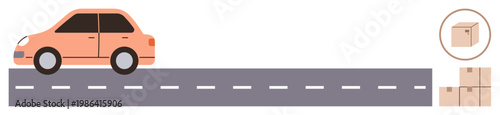 Logistics, delivery, shipping, online shopping, transportation, cargo services. A car on a road with packages , emphasizing delivery . Logistics and delivery services visual concept
