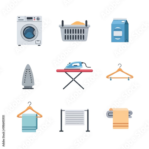 Laundry Room Appliances and Accessories Collection Flat Icons.