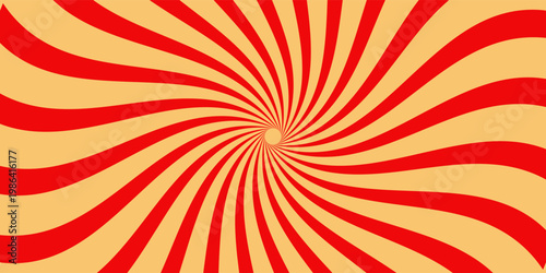 Retro red background with vintage circus sunburst. Psychedelic colorful swirl poster, abstract pattern in 70s carnival style. Hypnotic sunburst vector illustration.eps,10