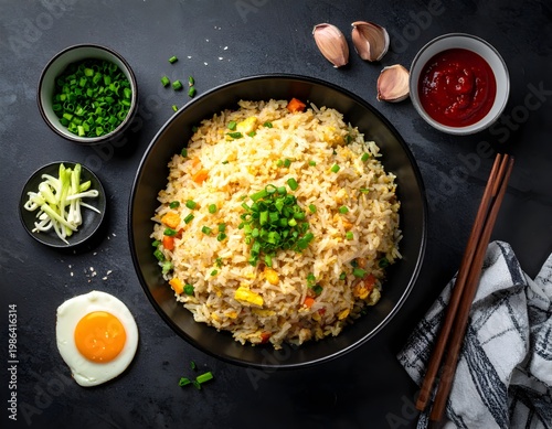 Egg Fried Rice with Vegetables and Green Onion Top View