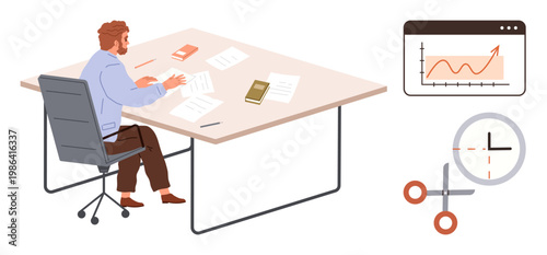 Business management, time tracking, data analysis, deadline focus, productivity, decision-making. Man at a desk with papers and analytics chart. Business management and time tracking