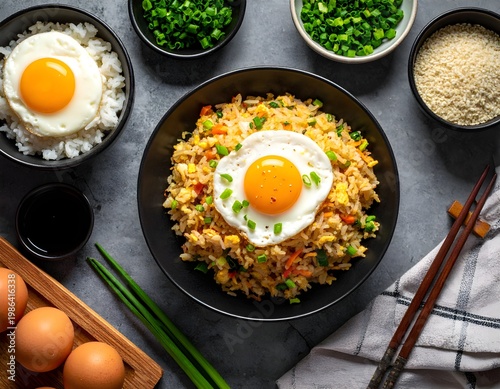 Fried Rice with Sunny Side Up Egg and Fresh Ingredients Top View
