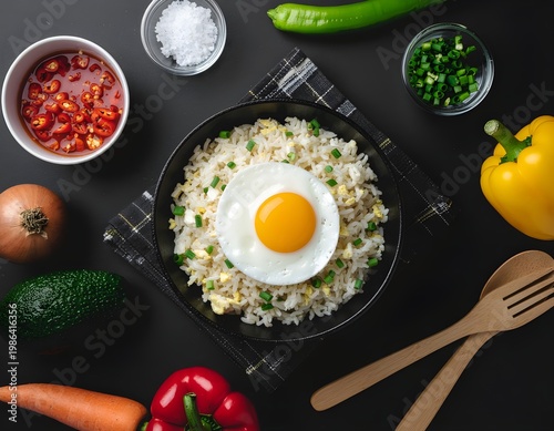 Top view of white fried rice topped with a sunny side up egg, garnished with chopped green onions. Surrounded by fresh ingredients