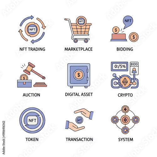 NFT Digital Asset Trading and Transaction Icons.