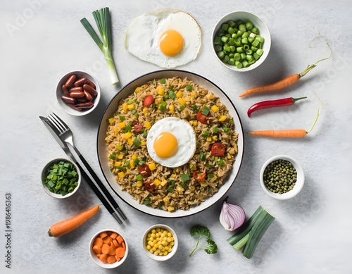 Flat lay of colorful fried rice topped with a sunny side up egg, mixed with vegetables and garnished with green onions