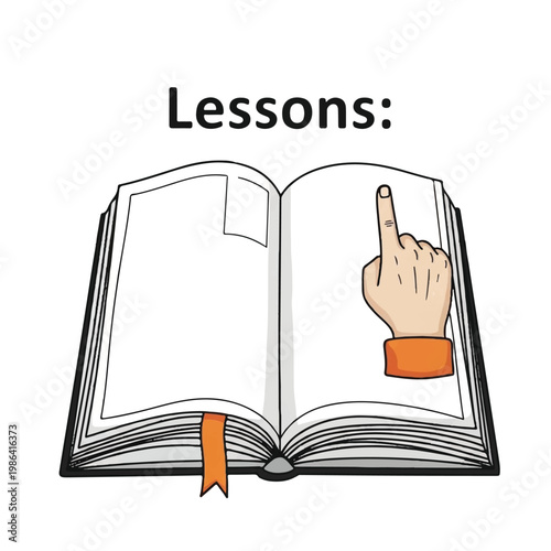 Open book with finger pointing to a page showing lessons.