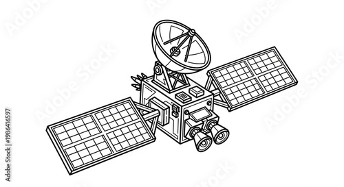 Modern communication satellite in orbit, vector line drawing. Spacecraft with solar panels and parabolic antenna for global data transmission.