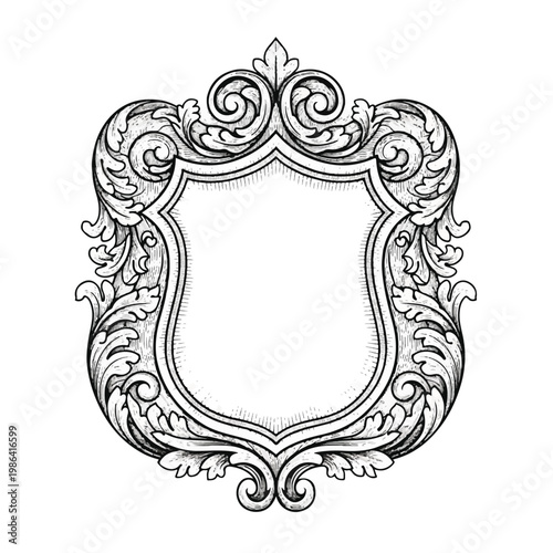 Ornate Decorative Shield Emblem with Swirling Flourishes.