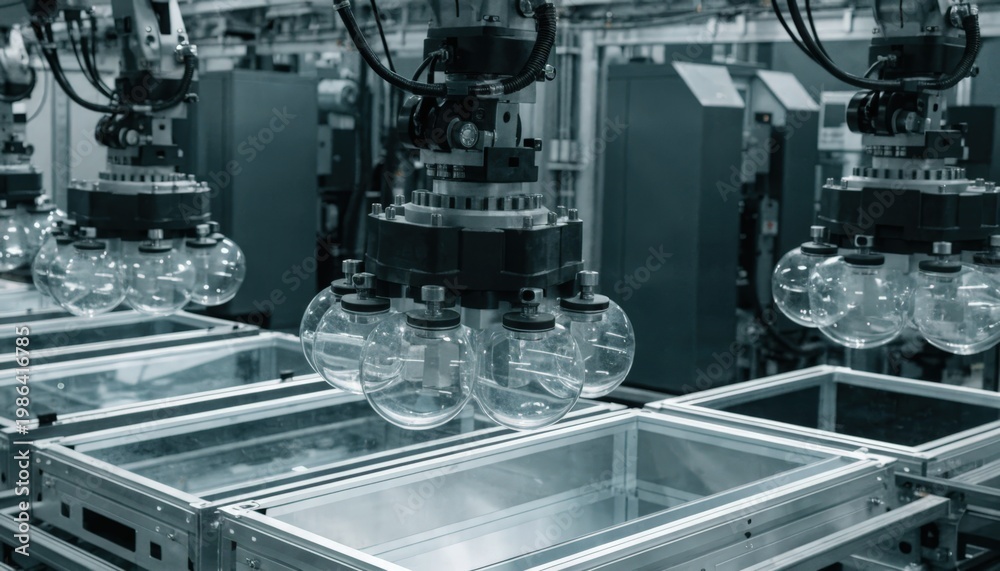 Obraz premium Medium shot focusing on robotic suction lifters assembling insulated glass units IGU into metal casings on a hightech production line.