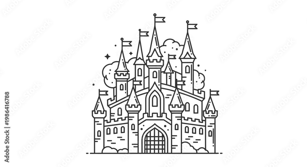 Fototapeta premium Detailed fantasy castle line art illustration with majestic spires, flags, and magical elements, perfect for fairytale concepts.