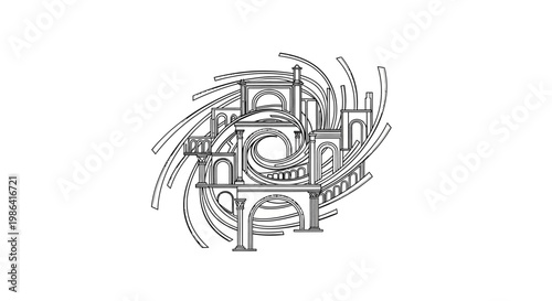 Intricate black and white line art illustration of a fantastical swirling architectural city with arches and towers in a surreal spiral design.