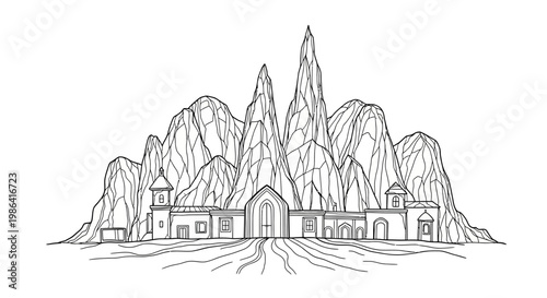 Detailed line art of a mystical mountain settlement or ancient city nestled within rugged, jagged peaks. Fantasy landscape outline.