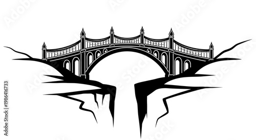 Elegant arched stone bridge spanning a deep chasm, black and white vector illustration, classic architectural structure connecting two cliff edges