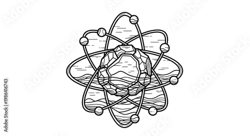 Detailed hand-drawn atom illustration featuring a textured rock nucleus, blending scientific concepts of physics, geology, and natural elements.