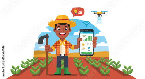 3D Farmer Boy with Drone and Smartphone Dashboard — Smart Agriculture Character