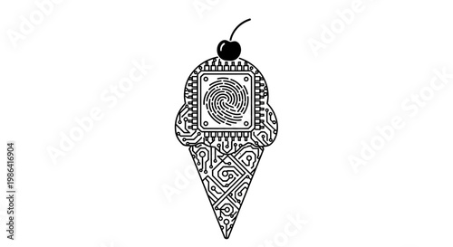 Detailed Black and White Ice Cream Cone with Cherry. Intricate Zentangle Line Art Dessert Illustration on White Background.