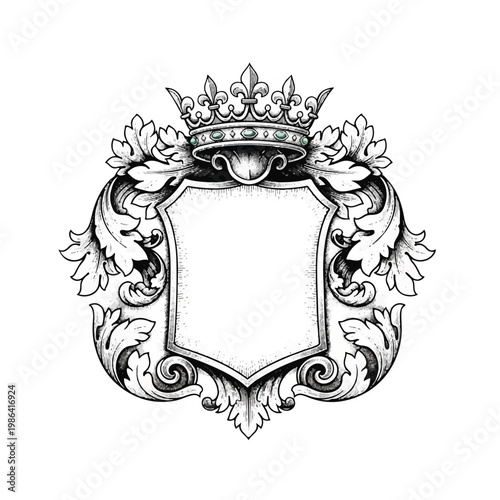 Ornate Royal Crest Emblem with Crown and Flourishes.