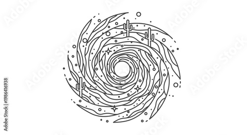 Minimalist desert vortex illustration with swirling lines, stylized cacti, and subtle stars. Abstract monochrome nature graphic.