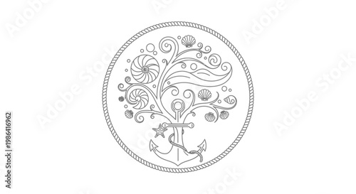 Elegant Nautical Anchor Emblem with Seashells and Decorative Swirls. Monochrome Marine Themed Circular Line Art Illustration.