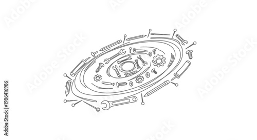 Monochrome line art illustration: construction and repair tools, nuts, bolts, and screws in a circular, abstract pattern
