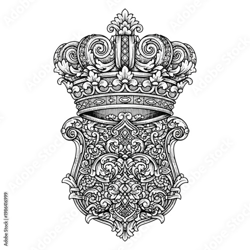 Ornate Royal Crown Emblem with Intricate Scrollwork and Shield.