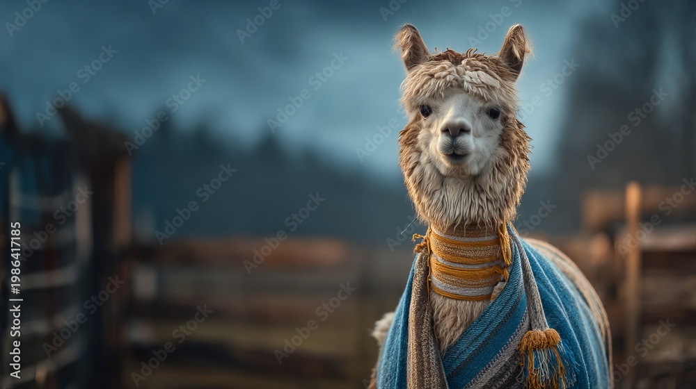 Fototapeta premium Adorable Alpaca Wearing Decorative Textile Bands Around Its Body