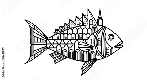 Stylized black and white fish illustration formed by architectural building elements, urban structures, and church spires, surreal concept art.