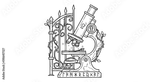 Intricate vintage microscope line art illustration with ornate steampunk elements and botanical details, symbolizing scientific discovery.