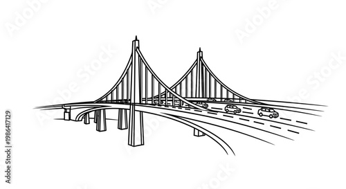 Hand-drawn vector illustration of a modern cable-stayed bridge with cars. Black and white sketch of urban transportation infrastructure.