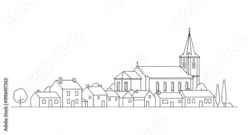 Minimalist village chapel on landscape line