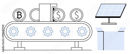 Cryptocurrency, renewable energy, blockchain, eco-friendly tech, financial innovation, green energy. Conveyor with cryptocurrency coins and gears, solar panel. Cryptocurrency and renewable energy