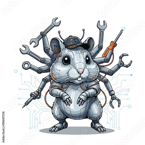 Robotic Hamster With Many Arms Holding Tools.
